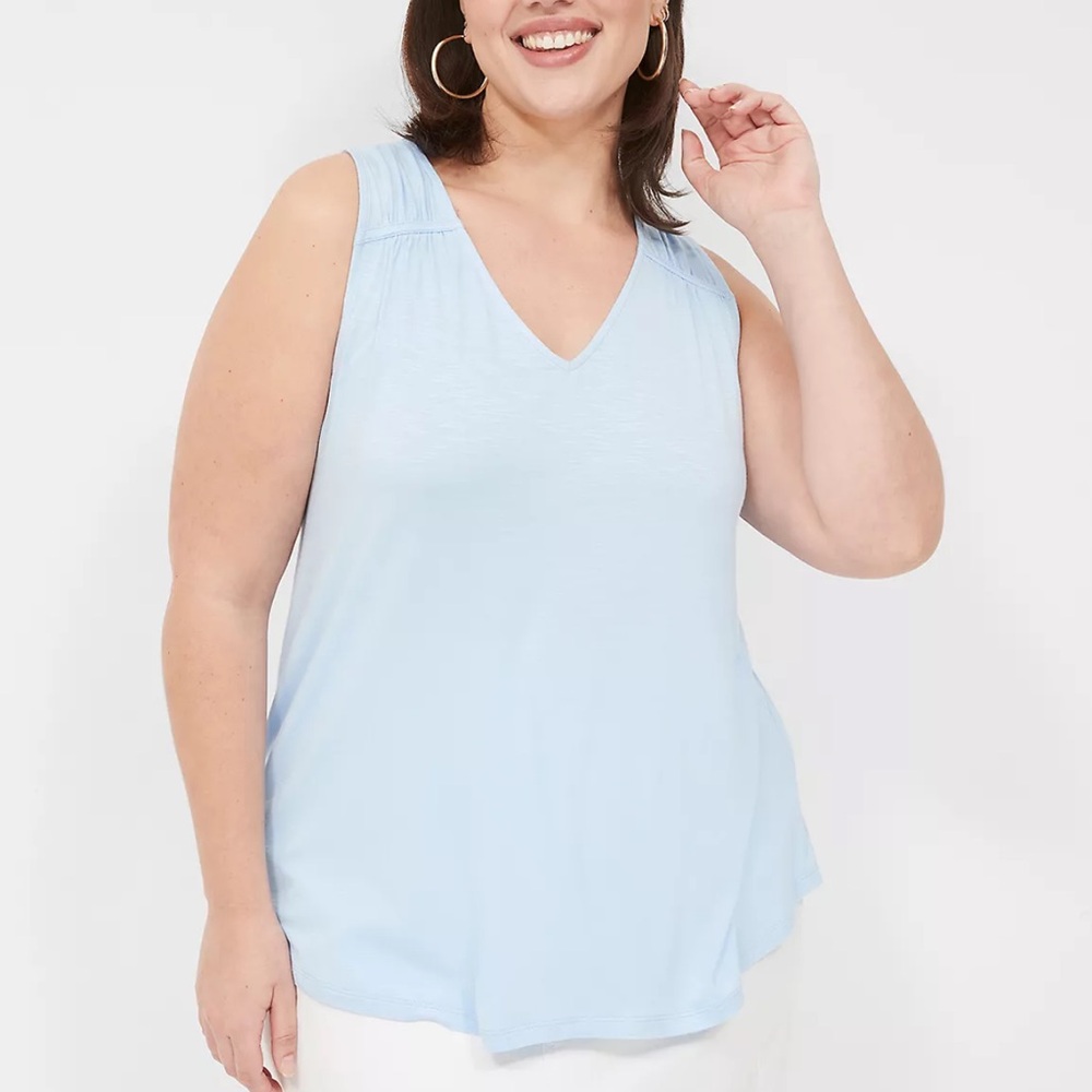 Light Blue Shirred-Shoulder V-Neck Tank. 18/20